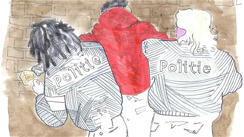 Illustratie van agenten die een persoon van kleur arresteren.